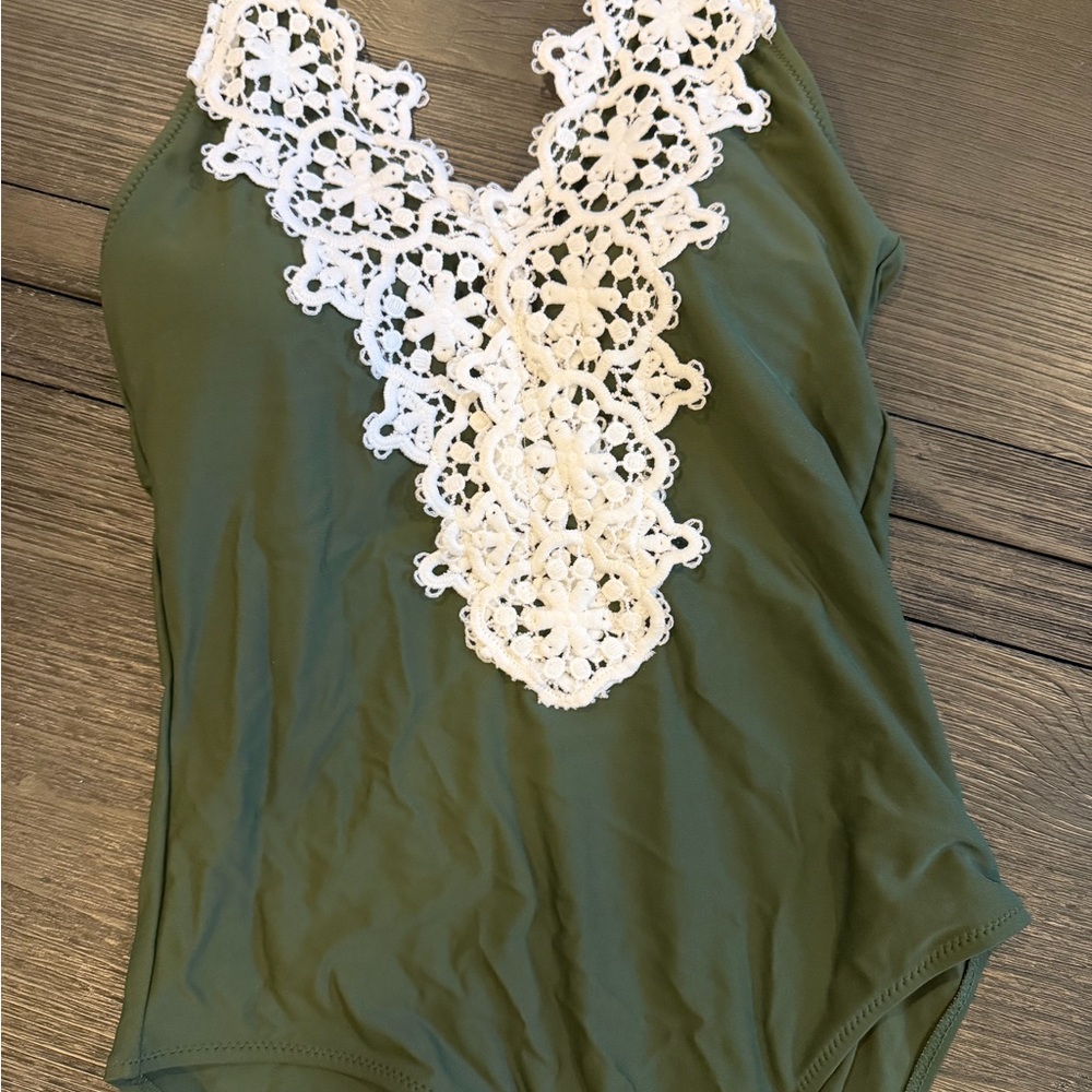Green One-Piece Swimsuit with Lace Detail